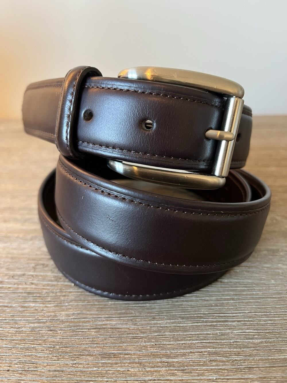 Cole Haan Mens Brown Leather Belt Sz 42 Brass Brushed Nickel Silver Buckle EUC